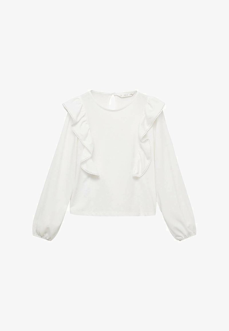 Haut blanc à manches longues avec des détails froncés sur les épaules, une ouverture en forme de clé au dos et des manches bouffantes élastiques. Texture de tissu lisse.