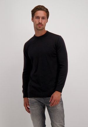 Zwarte crewneck trui met lange mouwen, ribbelboorden en een ribbelzoom. Gekocht met lichtgrijze jeans, die een gladde textuur en een reguliere pasvorm hebben.