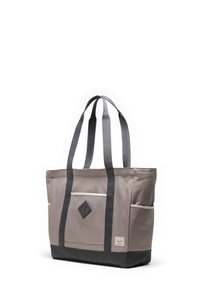 Gray fabric tote bag with black bottom, white accent, and reinforced handles. Features a diamond patch and a front pocket.