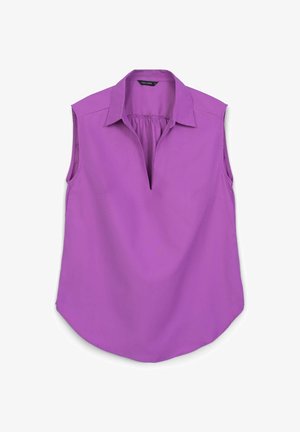 Canottiera viola senza maniche con colletto, apertura a chiave anteriore e orlo leggermente curvato. Tessuto liscio e leggero.