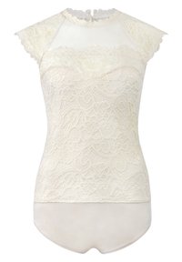 Spitzenoberteil in Off-White mit einem transparenten Halsausschnitt und kurzen Ärmeln, versehen mit filigranen floralen Mustern und einem taillierten Bodydesign.