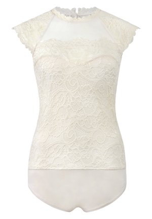 Spitzenoberteil in Off-White mit einem transparenten Halsausschnitt und kurzen Ärmeln, versehen mit filigranen floralen Mustern und einem taillierten Bodydesign.
