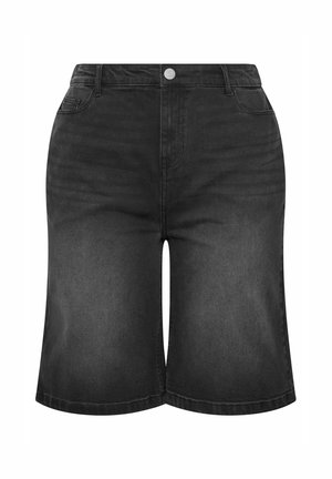 Musta denimiin polven mittaiset shortsit, joissa on vyölenkit, etunappi ja taskut valkoisella taustalla.