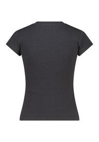Black ribbed short-sleeve t-shirt with a fitted design. The fabric is textured and stretchy, featuring a round neckline and no visible labels.