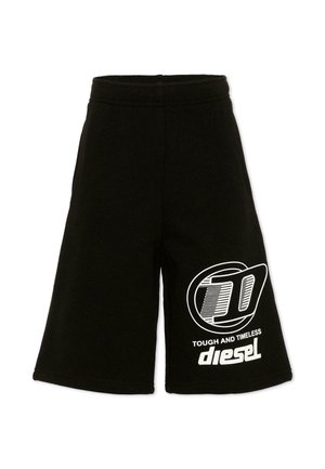 Pantaloncini neri a gamba larga con vita elasticizzata con il logo bianco "Tough and Timeless Diesel" sulla parte inferiore della gamba destra.