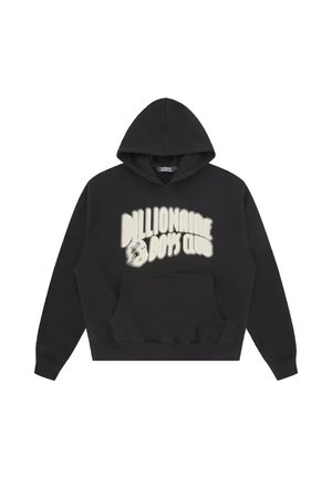 Sort hættetrøje med frontlomme, med teksten "Billionaire Boys Club" og en astronaut-hjelm grafik i hvid på brystet.
