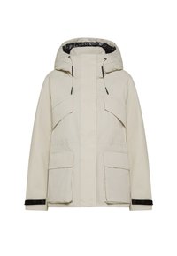 Giacca invernale beige con cappuccio, rivestimento interno nero, cordini regolabili, zip frontale con patta anti-tempesta e quattro tasche con pattina.