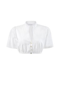 White cropped blouse with short puff sleeves, a stand collar, and button closure featuring decorative scalloped edges and subtle variations in button color.
