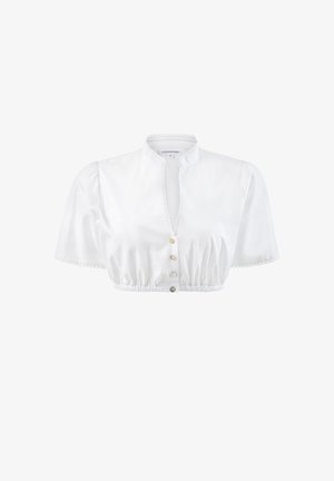 Weißes, kurz geschnittenes Blusenoberteil mit kurzen Puffärmeln, Stehkragen und Knopfverschluss. Das Design umfasst dekorative gewellte Kanten und subtile Farbvariationen der Knöpfe.