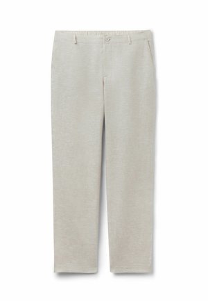 Světle béžové kalhoty s rovným střihem, s páskem na knoflíky, poutky na opasek a bočními kapsami, zobrazené na bílém pozadí.