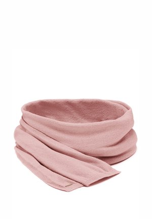 Circular pink scarf in soft, textured fabric, features a seamless design with a smooth finish and a subtle logo detail near the edge.