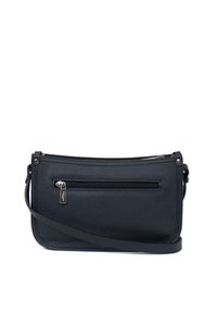 Borsa a tracolla in pelle blu navy con tasca frontale con zip, tracolla regolabile e texture liscia, caratterizzata da un design minimalista.