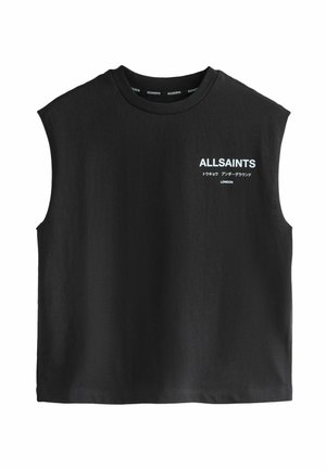 Czarny bezrękawnik z okrągłym dekoltem, na górnej lewej części klatki piersiowej biały napis "ALLSAINTS" oraz tekst w języku japońskim.