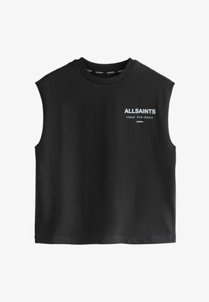 Zwart mouwloos T-shirt met ronde hals, witte tekst "ALLSAINTS" en Japanse tekst gedrukt op het bovenste linkerborstgebied.