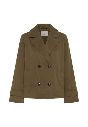 Olívazöld, kétsoros zakó széles hajtókákkal, négy fekete gombbal, hosszú ujjakkal, amelyek pántos részletekkel rendelkeznek, és két elülső zsebbel.