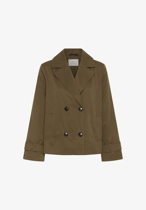 Olivovo zelené dvojradové sako so širokými klopami, štyrmi čiernymi gombíkmi, dlhými rukávmi s detailmi na remienkoch a dvoma prednými vreckami.