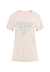 Camiseta de algodón rosa claro con escote redondeado, mangas cortas y el logotipo bordado "GUESS" en un diseño floral azul y amarillo en la parte delantera.