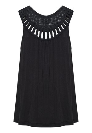 Top sin mangas negro con un diseño de recorte de ganchillo alrededor del escote. Tela suave con un ajuste holgado y detalle fruncido en la parte frontal.