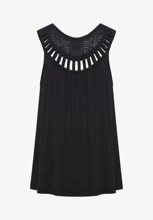 Top sin mangas negro con un diseño de recorte de ganchillo alrededor del escote. Tela suave con un ajuste holgado y detalle fruncido en la parte frontal.