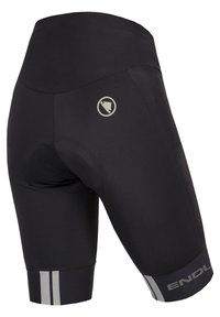 Zwarte fietsbroek met een hoge tailleband, een gewatteerd zitvlak en reflecterende zilveren accenten op de zoom. Gemaakt van een soepele, rekbare stof.