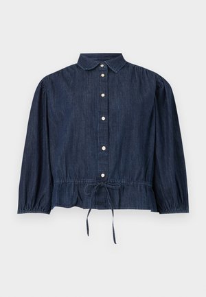 Ciemnoniebieska bluzka z długim rękawem z denimu, zapinana na guziki z przodu, z kołnierzem, marszczonymi mankietami i regulowanym paskiem w talii.