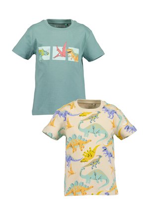 Due magliette a maniche corte: una verde menta con grafiche di dinosauri; una crema con motivi colorati di dinosauri. Cotone morbido, vestibilità casual.