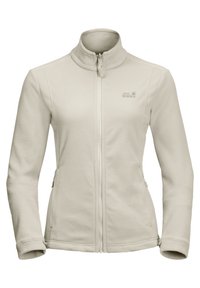 Fleecejacka i ljusbeige, med hel dragkedja, hög krage och sidofickor. Mjuk textur med subtil logodetalj.