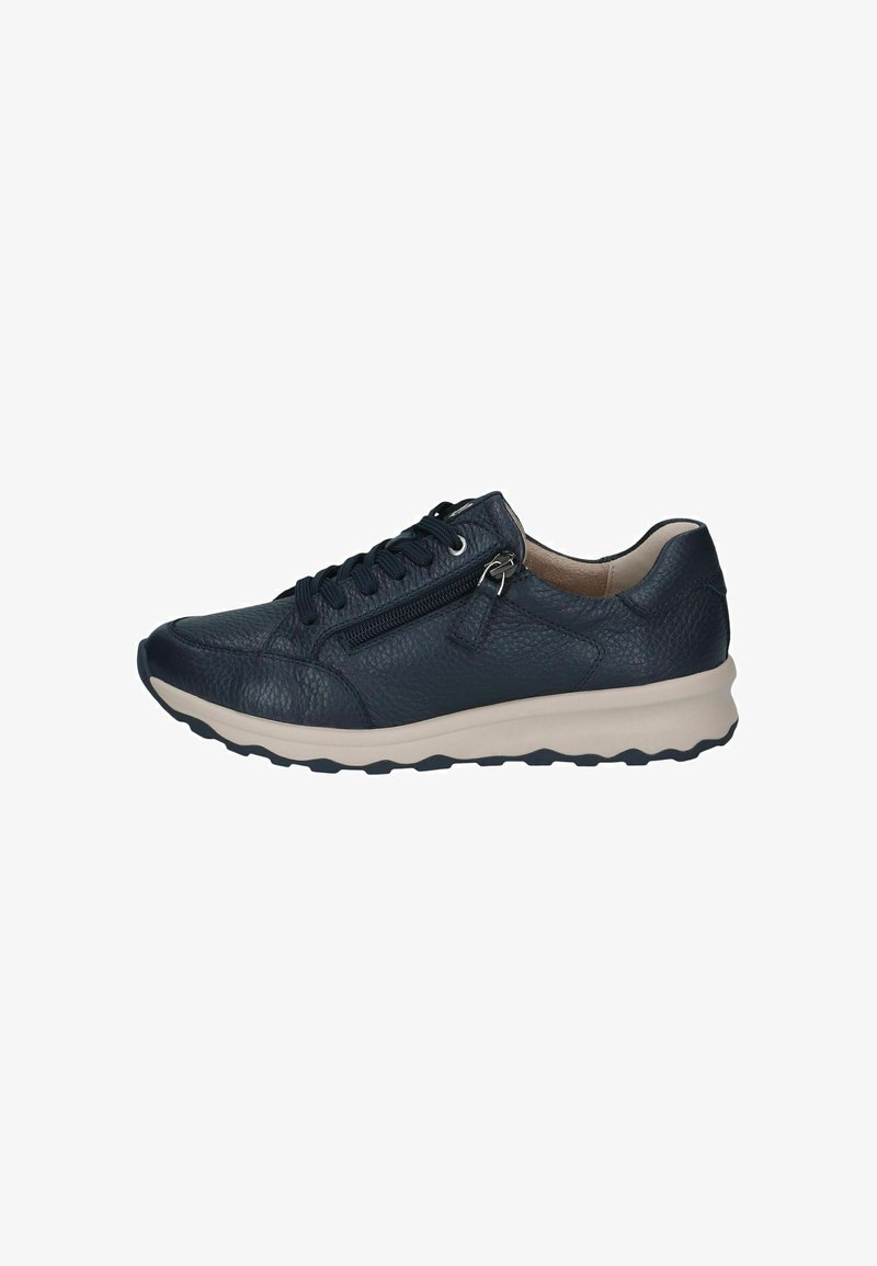 Baskets en cuir bleu marine avec lacets noirs, fermeture éclair latérale et semelle beige à adhérence texturée, vues du côté extérieur.