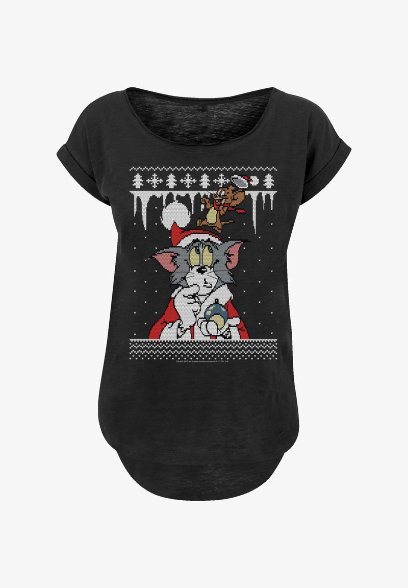 Black T-shirt with short sleeves featuring a cartoon design of a cat and mouse in winter attire, with holiday elements and a knitted pattern.