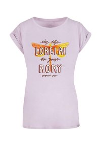 Lilac short-sleeve t-shirt with a loose fit. Features a graphic design of a butterfly and text reading "I'm the Lorelai to your Rory."