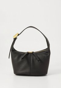 Black leather handbag with a soft, textured finish, featuring a short handle and a gold zipper closure with decorative ties on either side.