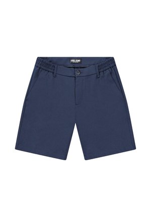 Donkerblauwe korte broek met een elastische tailleband, knoopsluiting, twee zakken aan de zijkant en een rechte snit. Gemaakt van lichtgewicht stof.