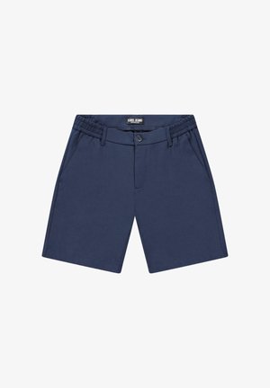Donkerblauwe korte broek met een elastische tailleband, knoopsluiting, twee zakken aan de zijkant en een rechte snit. Gemaakt van lichtgewicht stof.
