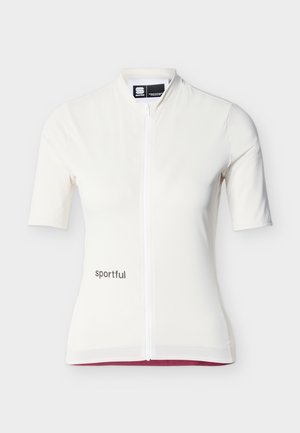 Fehér, rövid ujjú kerékpáros mez elöl cipzárral és a "sportful" logóval az alsó bal oldalon, egyszínű háttéren.