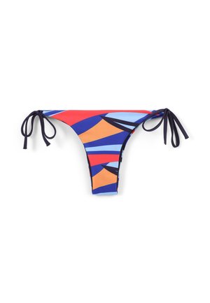 Fondo bikini con chiusure a cravatta, caratterizzato da un vivace motivo geometrico in rosso, blu, arancione e nero su un tessuto morbido e liscio.