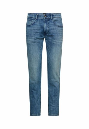 Blauwe slim-fit jeans met knoop en rits aan de voorkant, vijf zakken en subtiele vervaging op de dijen en knieën.