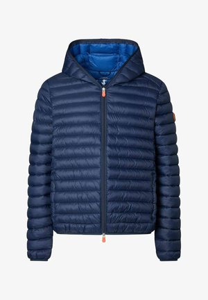 Navy puffer jacket, zippered front, hooded, ribbed texture, orange zipper pull, lightweight insulation, featuring a smooth, shiny exterior.