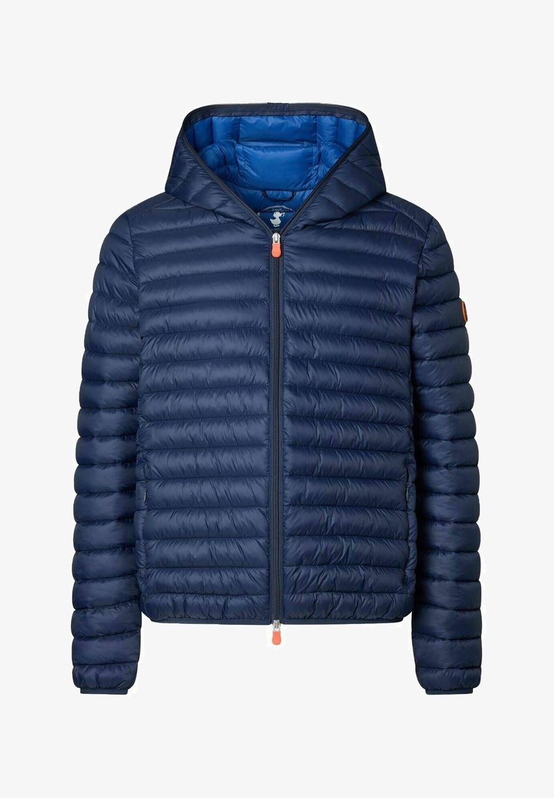 Navy puffer jacket, zippered front, hooded, ribbed texture, orange zipper pull, lightweight insulation, featuring a smooth, shiny exterior.