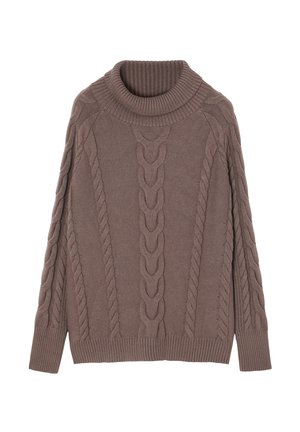 Brūns adīts džemperis ar ribotāju, kuram ir teksturēti raksti gar augumu un riboti ļipi un apakša.