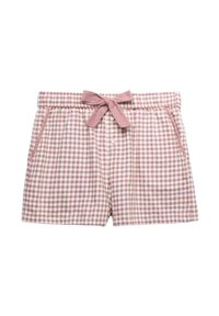 Shorts à carreaux roses et blancs avec des boutons à l'avant, des poches latérales et un nœud en tissu à la taille élastique.