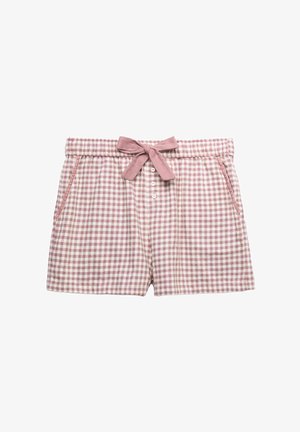 Roze en witte gingham shorts met voor knopen, zijzakken en een stoffen tailleband met strik op een elastische tailleband.