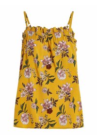 Gele bloemen camisole met verstelbare bandjes, voorzien van een geplooide halslijn en schitterende bloemenpatronen in roze, wit en groen.