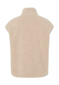 Vestă bej din fleece cu guler înalt, design fără mâneci și țesătură texturată. Material moale cu tiv neted.