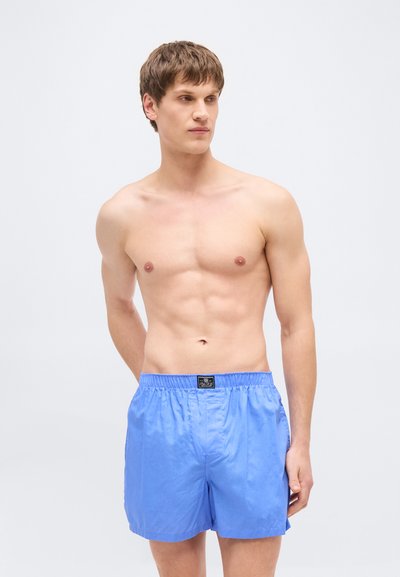 Νεαρός άνδρας με κοντά καστανά μαλλιά, φοράει ανοιχτό μπλε μποξεράκια, στέκεται με τα χέρια πίσω από την πλάτη, κοιτάζοντας ελαφρώς στο πλάι.