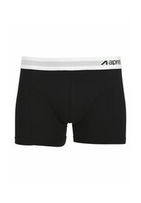 Schwarze Boxershorts aus weichem Stoff, mit einem weißen elastischen Bund mit einem Markenlogo. Enganliegendes Design und glatte Textur.