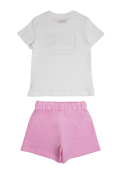 Maglietta bianca a maniche corte con stampa "HOMA" tenue e pantaloncini rosa con elastico in vita, taglia per bambino piccolo, distesi piani visti da dietro.