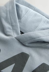 Light gray hoodie with a cotton blend, featuring a large dark graphic design on the front and a soft, textured fabric.