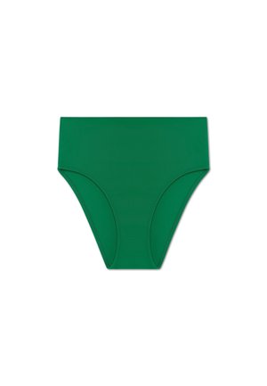 Green bikini bottom made of smooth fabric, featuring a high-waisted design with a seamless finish and no visible patterns or accents.