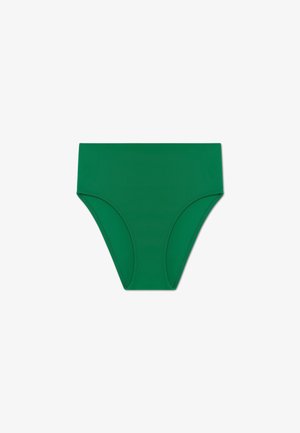 Green bikini bottom made of smooth fabric, featuring a high-waisted design with a seamless finish and no visible patterns or accents.