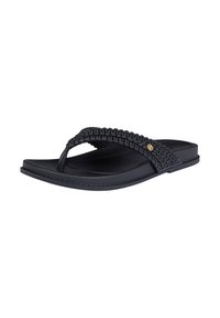 Black flip-flop with woven strap design, featuring a textured material and flat sole, accented with a small gold logo detail.